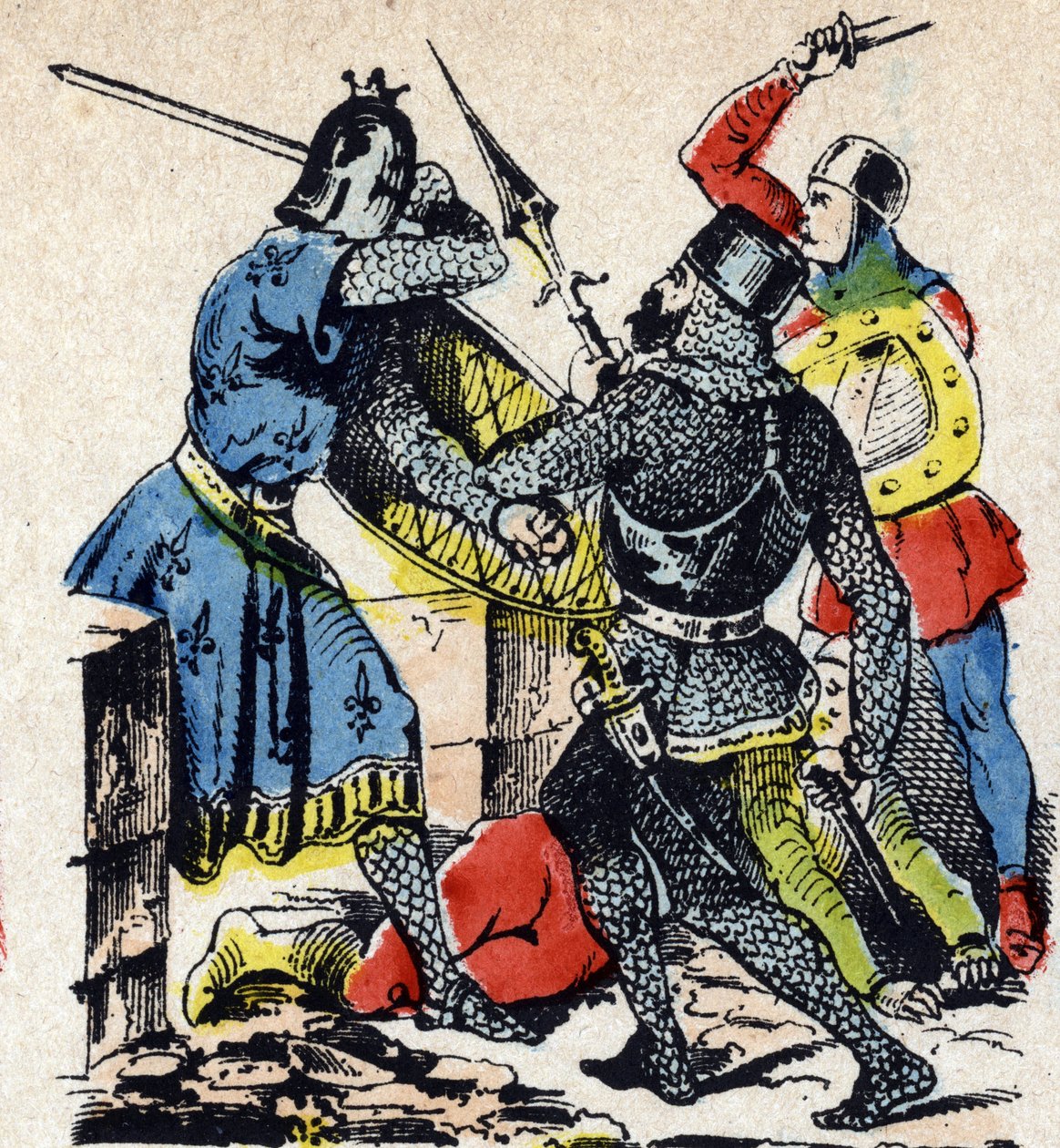 La batalla de Taillebourg entre el rey de Francia Luis IX y su hermano el conde de Poitiers Alfonso contra las armas de sus vasallos sublevados, Enrique III de Inglaterra y Hugues X de Lusignan. Cuadro de Epinal siglo XIX (grabado) de Unbekannter Künstler