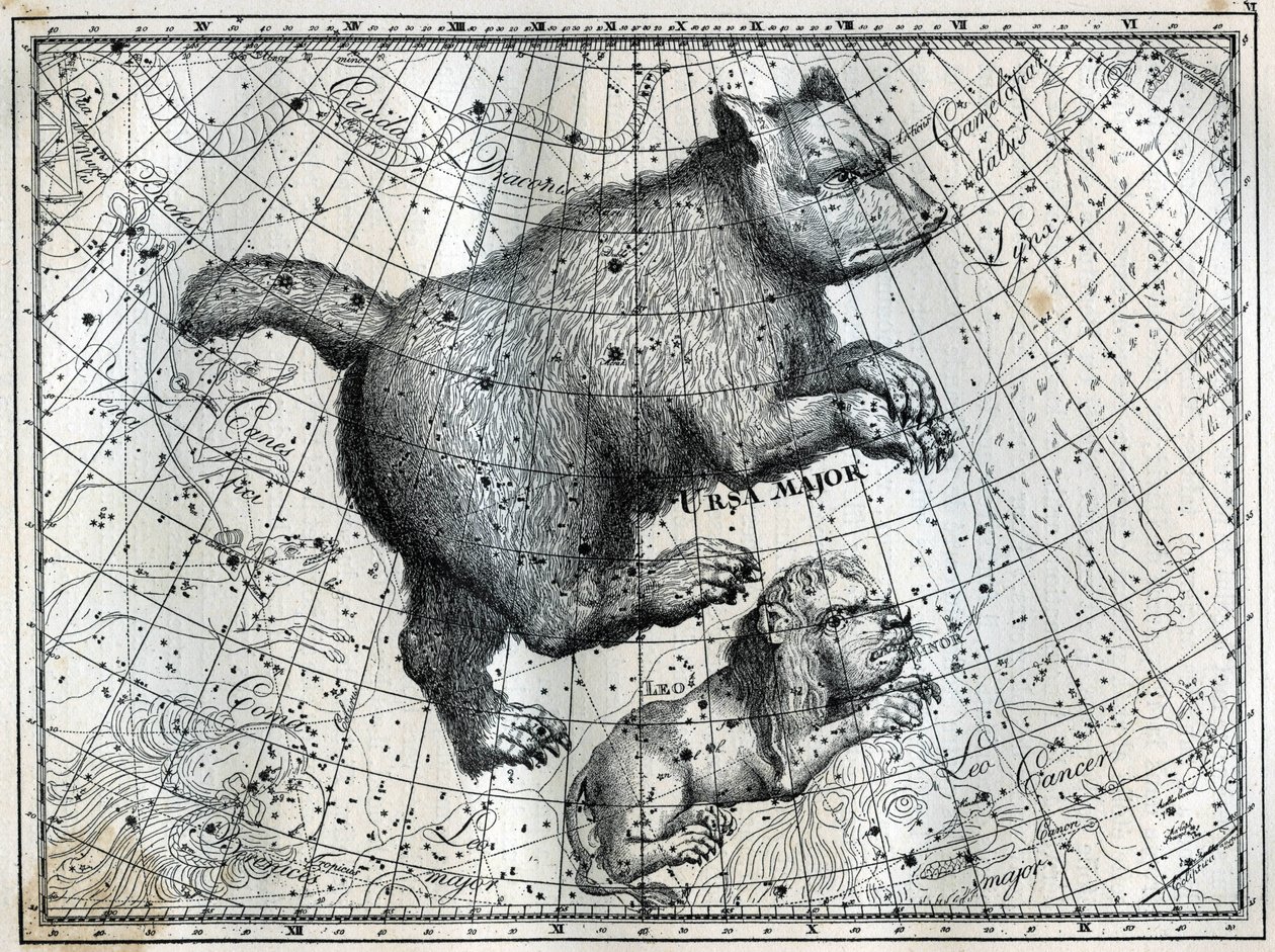 Las Constelaciones Boreales: la Osa Mayor y el Pequeño León. Grabado de Les étoiles et les autres curiosités du ciel de Camille Flammarion de Unbekannt