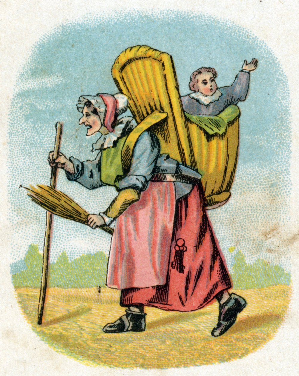 La madre del novio. Anciana conserje escolar con un escolar llevando una bolsa. Grabado en "Alphabet des petits ecoliers". Imágenes de Epinal, circa 1885. Colección Privada de Unbekannt