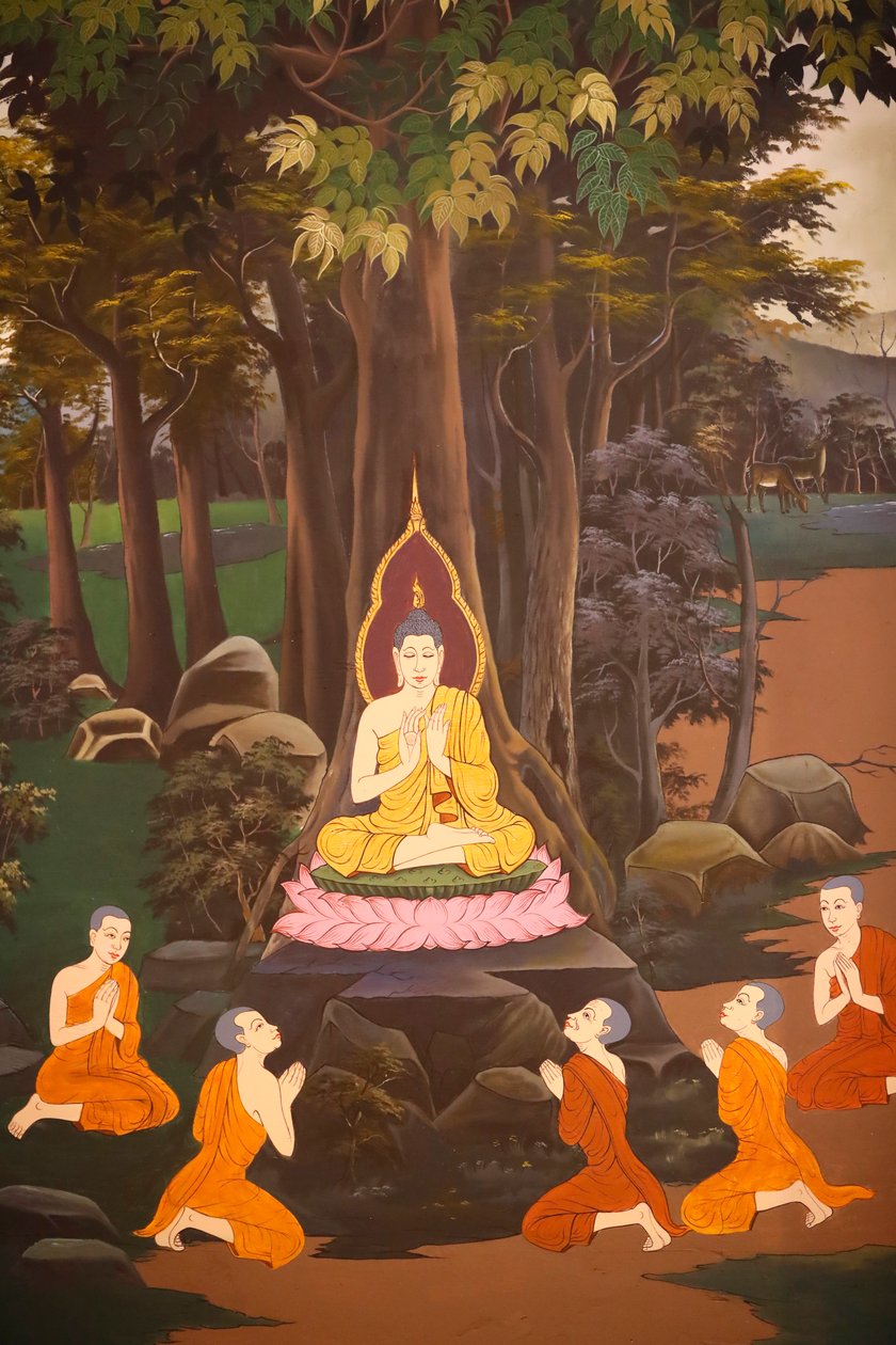 El Buda predicó su primer sermón a los cinco monjes, Fresco mural, templo Wat Botum, Phnom Penh, 2022 (foto) de Unbekannter Künstler