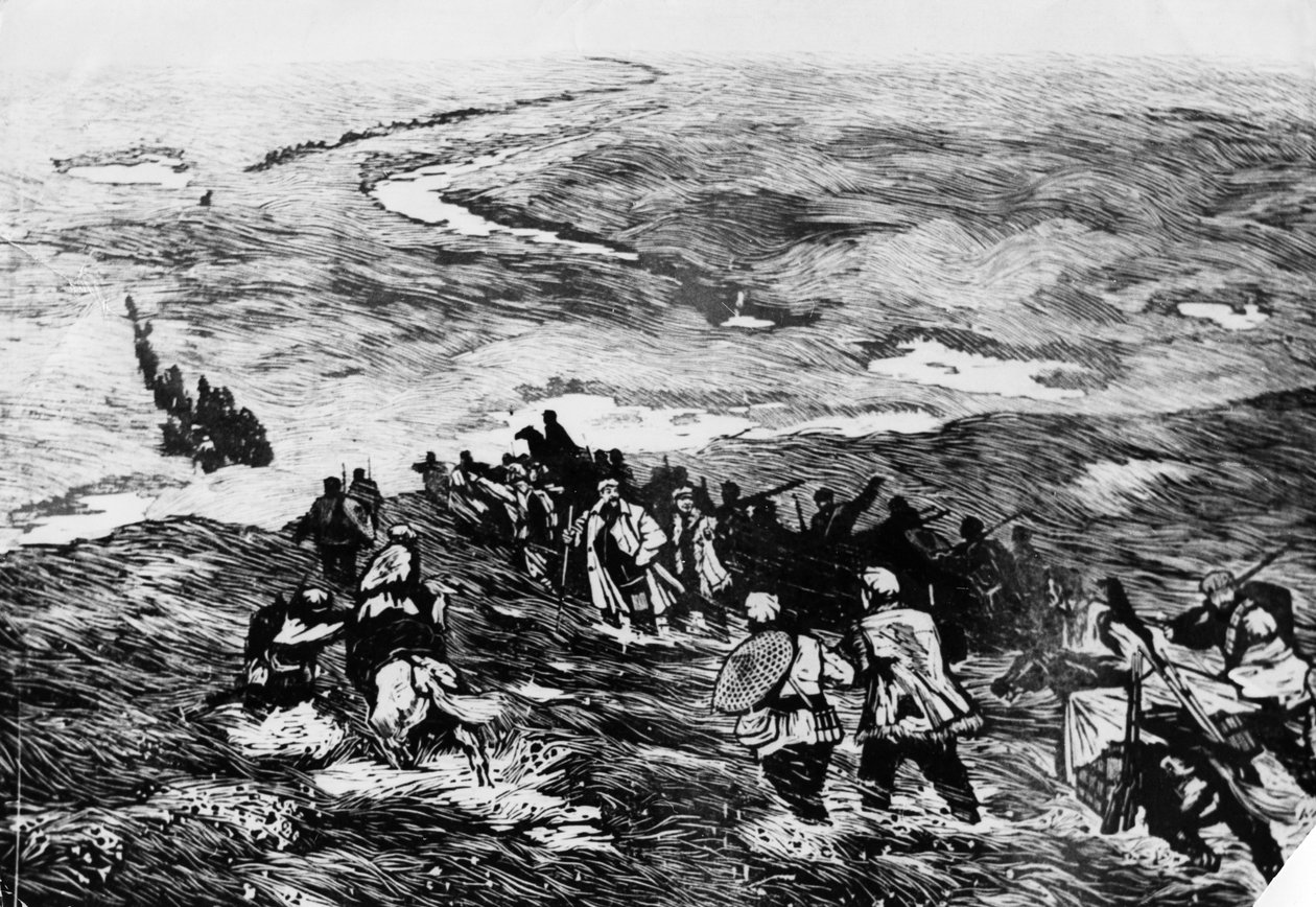 El Ejército Rojo Chino pasa por la tierra pantanosa. Un grabado en madera de Li Huan-min. El Ejército Rojo cruzando un pantano en 1935 de Unbekannt