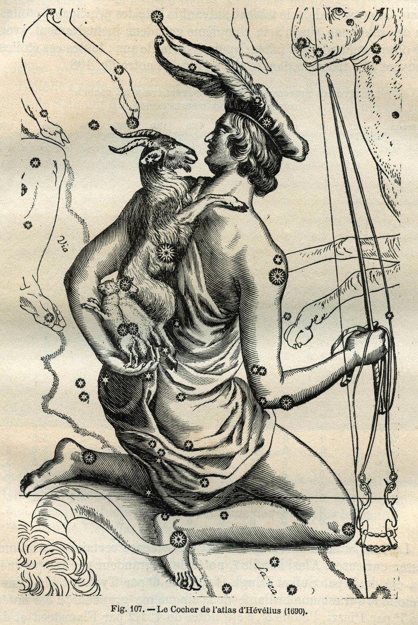 El coche del Atlas de Hevelius (1690): La constelación del Coche, que sostiene en la mano derecha un látigo y riendas y en el brazo izquierdo la Cabra y dos cabritos, es una de las más antiguas en la esfera griega. Grabado del libro Las estrellas y otras c de Unbekannt