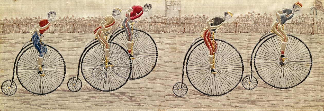 La última vuelta, carrera de Penny Farthing en seda tejida Stevengraph, por Thomas Stevens de Coventry de Unbekannter Künstler