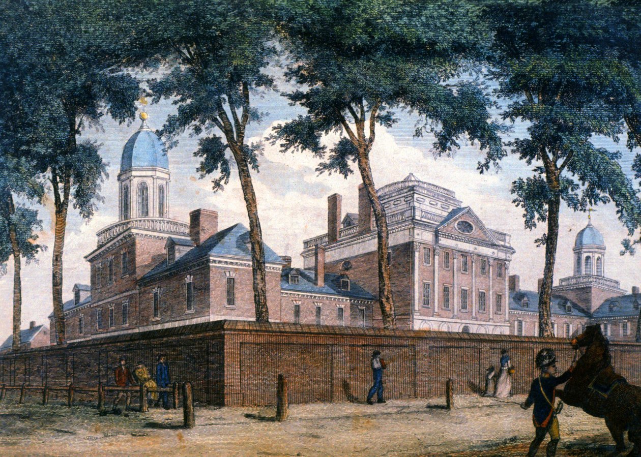 El Hospital de Pensilvania en Filadelfia, hacia 1800 (grabado) de Unbekannter Künstler