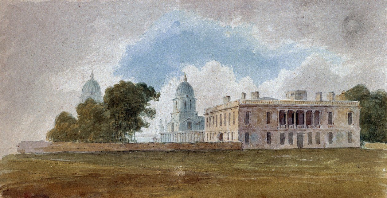 La Casa de la Reina y el Hospital de Greenwich (Inglaterra), con las cúpulas de los edificios Queen Mary Court y King William Court. Pintura atribuida a David Cox (1783-1859), acuarela hacia 1804. de Unbekannter Künstler