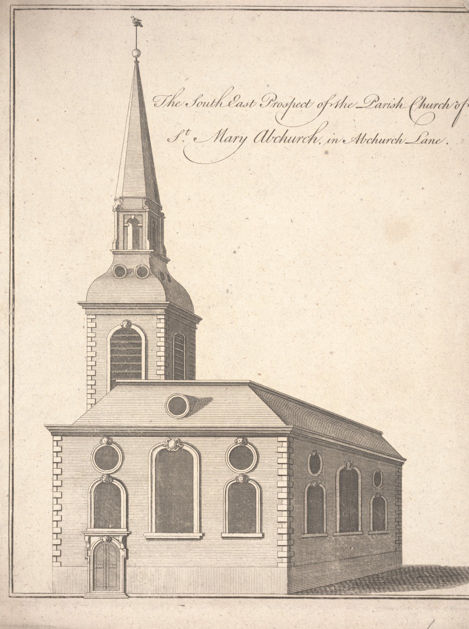 Perspectiva sureste de la iglesia parroquial de Santa María Abchurch, en Abchurch Lane, c.1740 (grabado) de Unbekannter Künstler