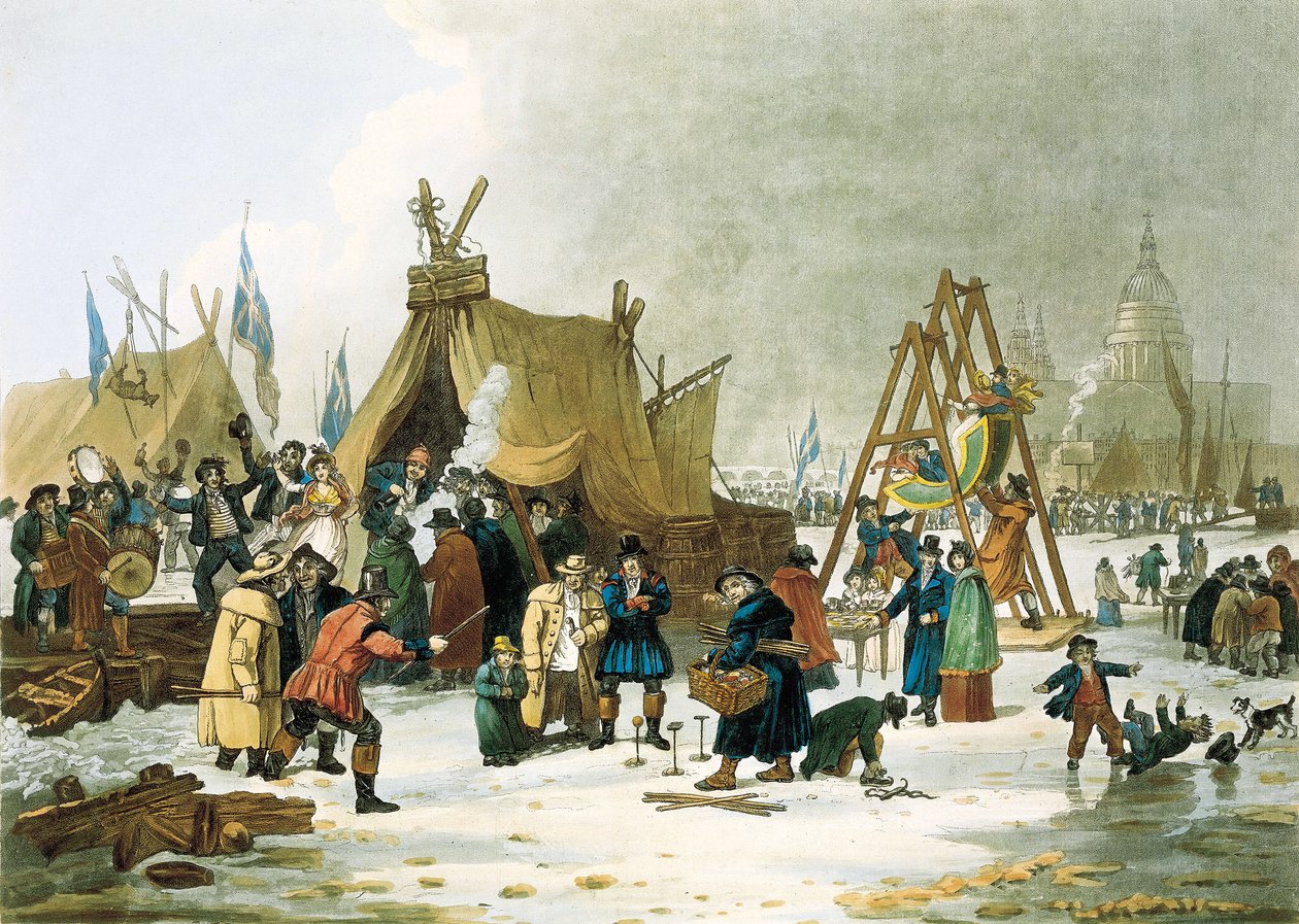 El Támesis se congeló durante el invierno de 1813-1814, antes de la demolición del viejo puente de Londres en 1831, el Támesis se congelaba durante los inviernos muy fríos, y los londinenses aprovechaban la oportunidad para instalar parques infantiles para de Unbekannter Künstler