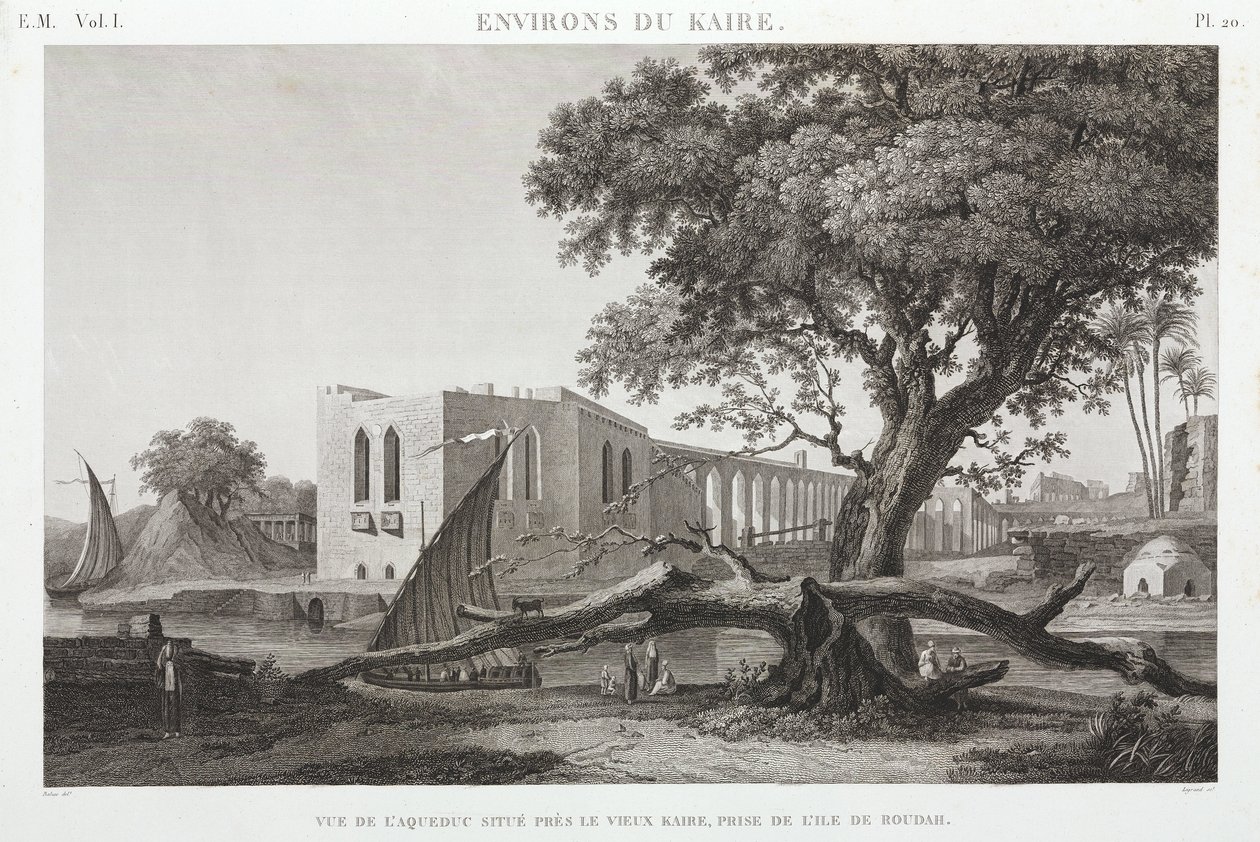 El acueducto en El Cairo Viejo, desde la Isla de Roudah, Egipto, c. 1798 de Unbekannt