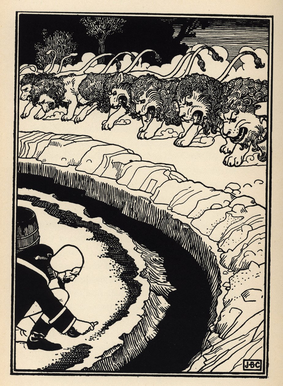 El barón se defiende del ataque de leones prendiendo fuego a la pólvora. Ilustración de William Strang (1859-1921) y JB Clark del libro Las aventuras del Barón de Munchausen, de Rudolf Erich Raspe (1736-1794) (1789) de Unbekannt