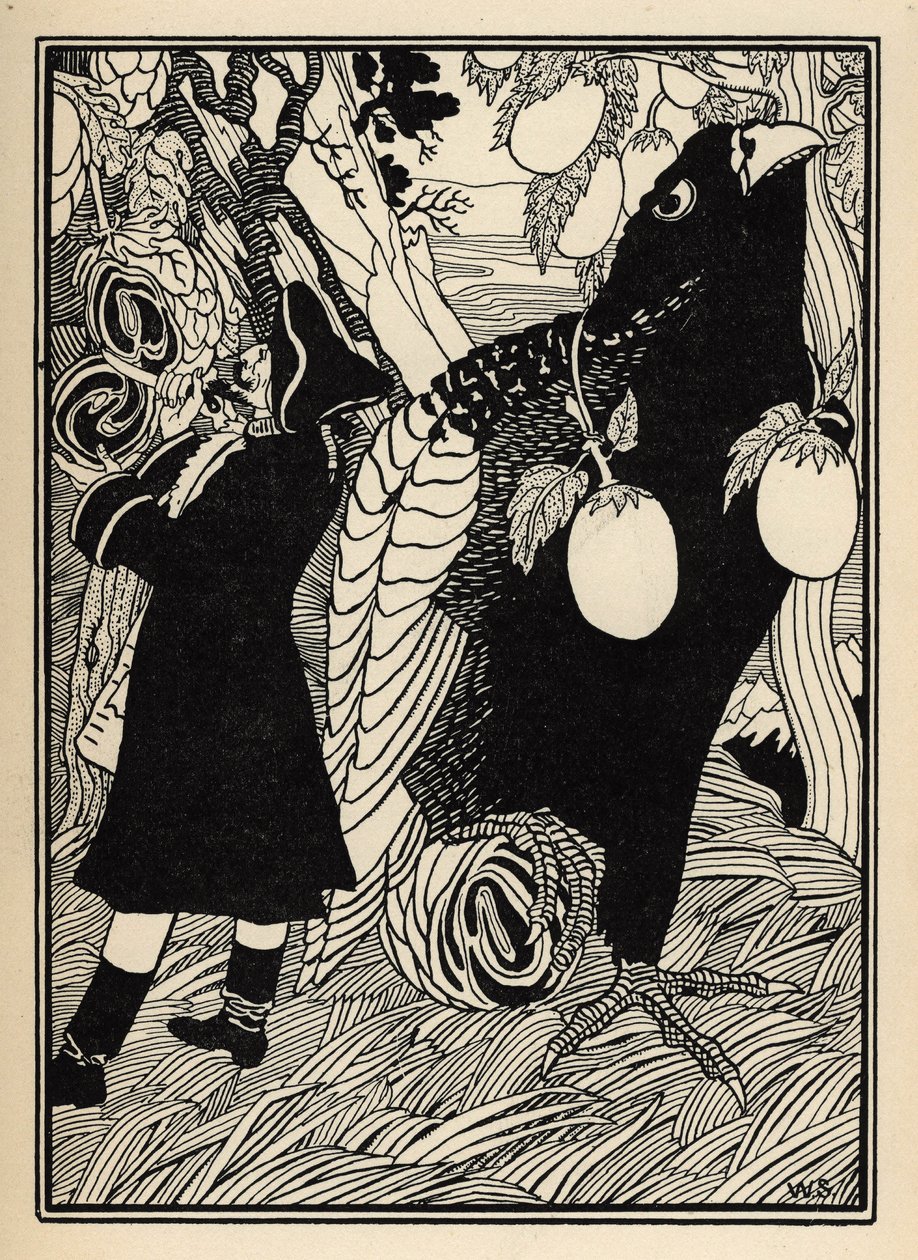 El barón descubre los grandes pájaros y los rotis en los árboles de Estados Unidos. Ilustración de William Strang (1859-1921) y JB Clark de "Las aventuras del barón de Munchausen (Munchhausen) de Rudolf Erich Raspe (1736-1794) (1789) de Unbekannter Künstler