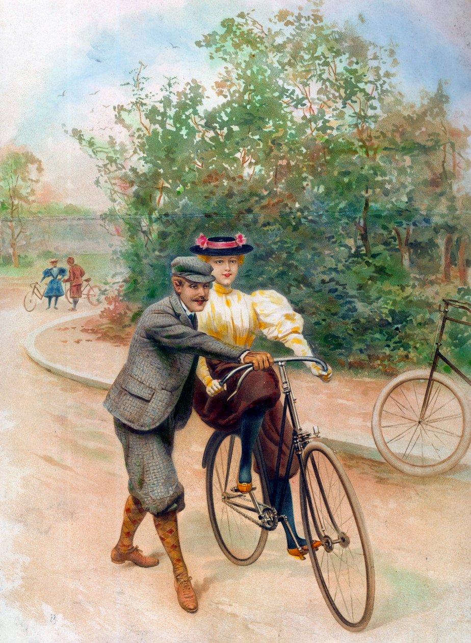 La lección de la bicicleta, principios del siglo XX (impresión) de Unbekannter Künstler