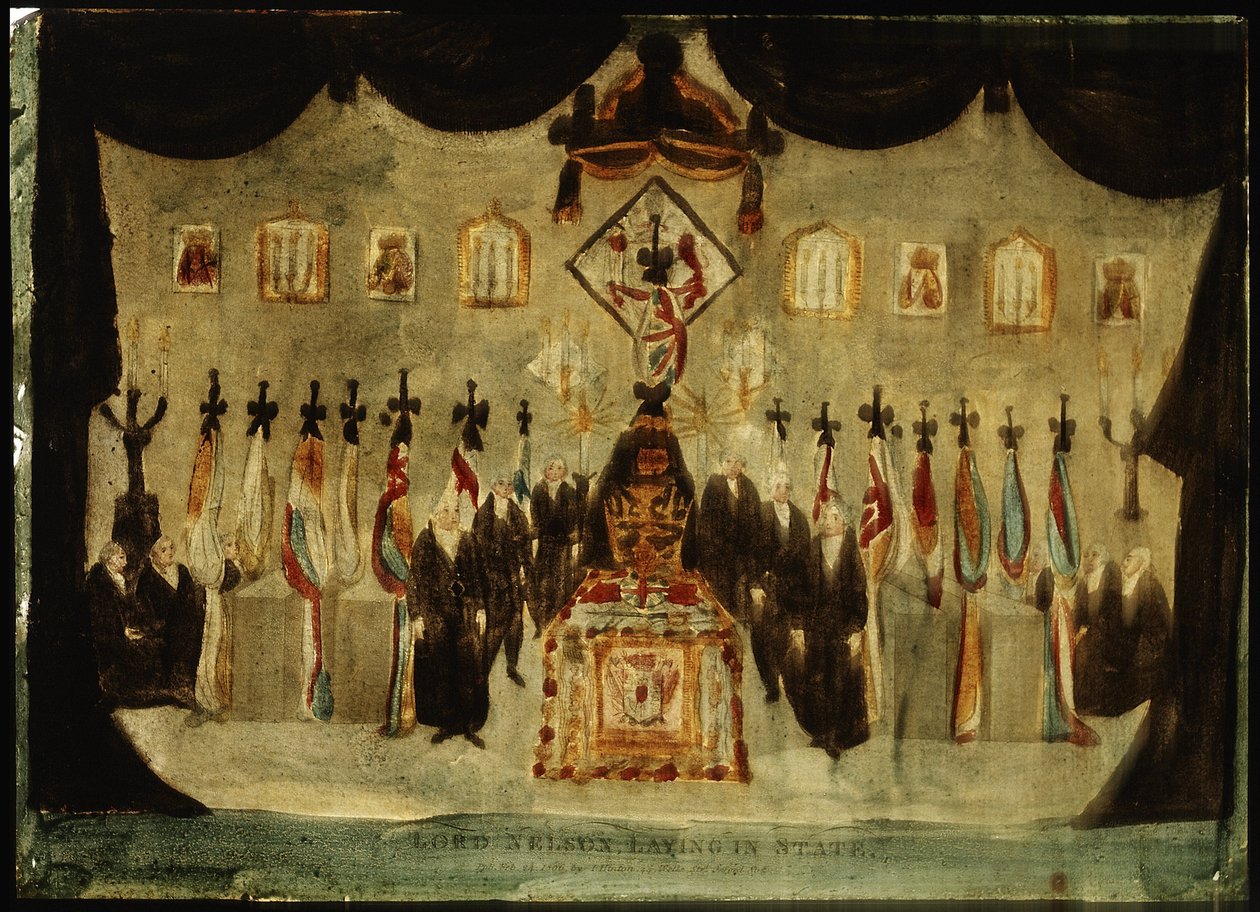 El cuerpo de Horatio Nelson (1758-1805) descansa en la sala pintada del antiguo Royal Naval College de Greenwich. Durante el funeral, al tercer día, se retira la sábana negra que cubre el ataúd y guardias vestidos de negro se colocan a ambos lados del fére de Unbekannter Künstler