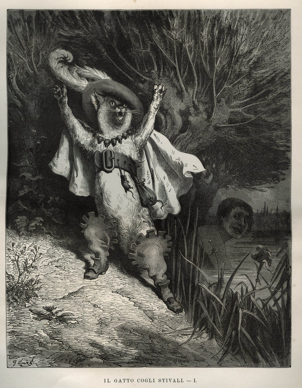 El gato con botas pide ayuda. Grabado de Gustave Doré (1832-1883) de Les contes de Charles Perrault (1628-1703) de Unbekannt