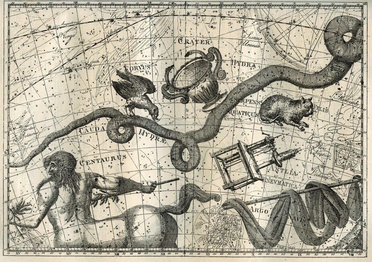 La constelación de la Hidra, con un Curbeau que la hormiguea y una Copa de Equilibrio, tiene su origen en el mito de Apolo, que había enviado a un cuervo con una copa llena de agua para hacer un sacrificio a Júpiter. Bajo la Hidra, el astrónomo francés Lal de Unbekannter Künstler