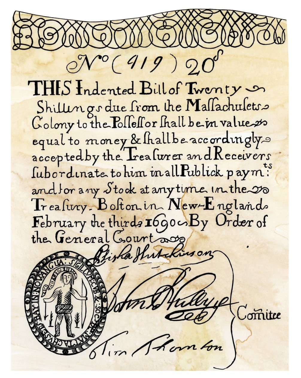 El primer papel americano (billete de banco) por valor de 20 chelines, emitido por el Tribunal General de la Colonia de Boston (Massachusett, EE.UU.) en 1690. Colores del grabado siglo XIX. de Unbekannter Künstler
