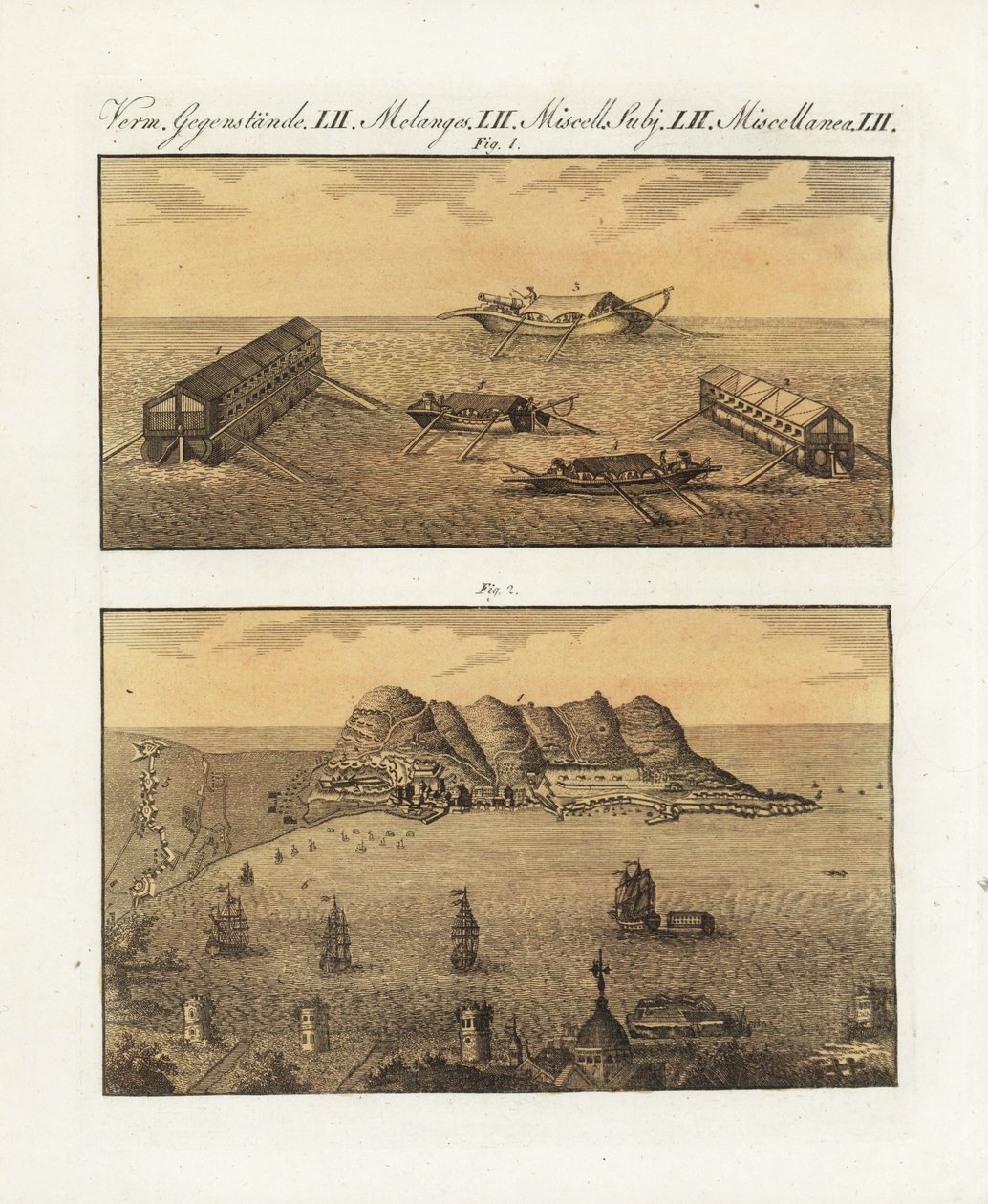 Las baterías flotantes del ejército británico en Gibraltar en 1782. Una barcaza de 210 cañones en dos niveles y otra de un solo nivel diseñadas por el ingeniero francés de Arcon para bombardear la ciudad. Las baterías flotantes de la armada británica en Gi de Unbekannter Künstler