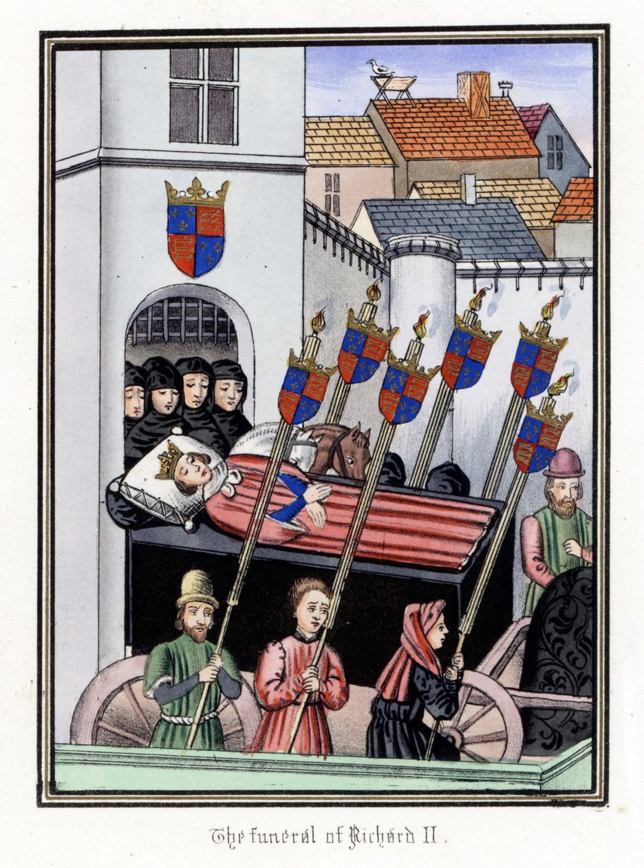 El cortejo fúnebre del rey Ricardo II de Inglaterra (1367-1400), saliendo del castillo de Pontefract hacia la catedral de San Pablo de Londres (Inglaterra). de Unbekannter Künstler