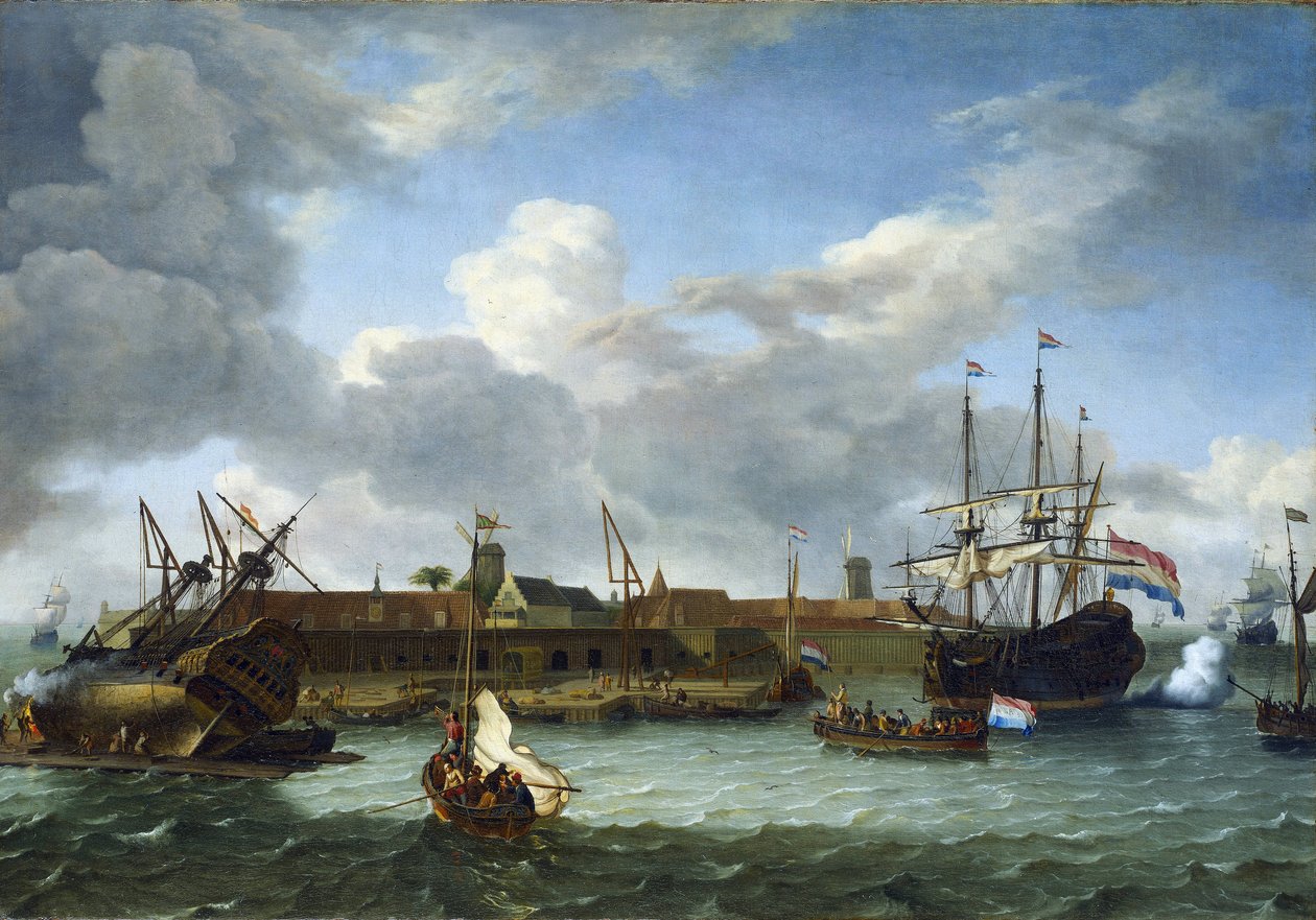 La isla de Onrust, frente a las costas de Batavia (actual Yakarta, Indonesia), dotada de todas las infraestructuras necesarias para las actividades comerciales y el mantenimiento de los navíos de la Compañía Holandesa de las Indias Orientales. de Unbekannter Künstler