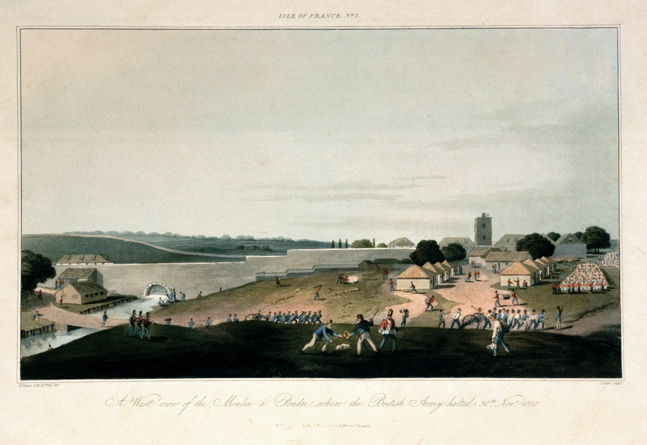 La Île de France (Mauricio), vista occidental del molino de Pondre, donde permanecía estacionado el ejército británico el 30 de noviembre de 1810. Aguafuerte en colores de Unbekannter Künstler