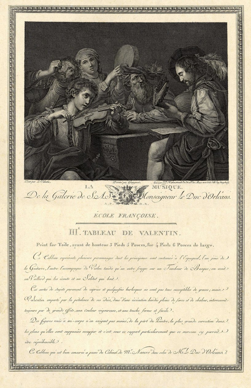 La música. Grabado de la galería de Su Excelencia el Duque de Orleans según un cuadro del pintor Le Valentin. de Unbekannter Künstler