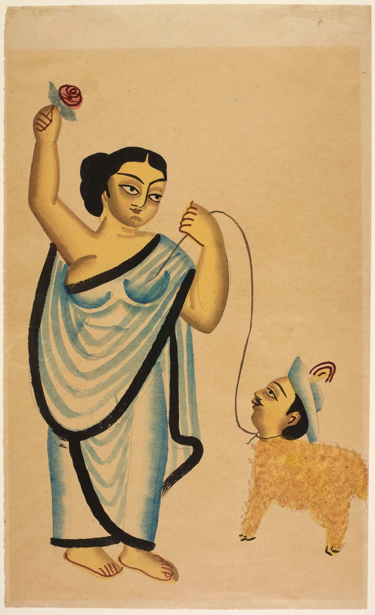 La amante de las ovejas: una cortesana que sostiene una rosa en su mano derecha y conduce una oveja con cabeza humana, c.1865 (tinta y color sobre papel) de Unbekannter Künstler