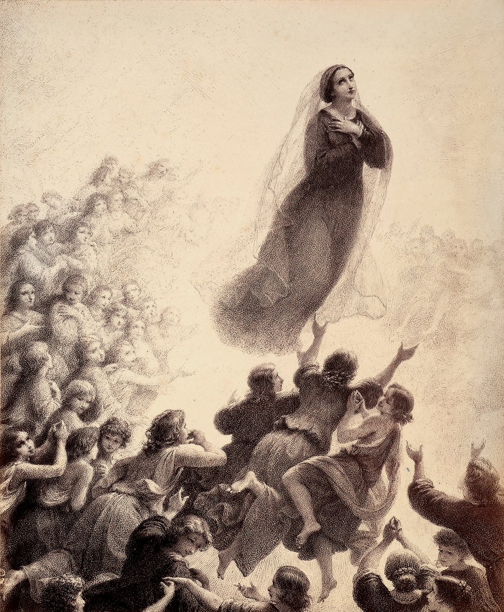 Los espíritus de los bienaventurados, con los brazos extendidos, acompañan con cantos la ascensión de María al Empíreo. Ilustración del Canto XXIII del Paradiso de La Divina Comedia de Dante Alighieri. Obra de Francesco Scaramuzza dedicada al Ayuntamiento  de Unbekannter Künstler