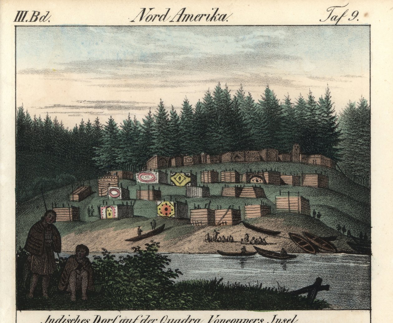 El pueblo de casas de madera pintadas por los indios en la isla de Vancouver, Canadá. Litografía para el libro: "Galerie complete en tableaux fideles des peuples d