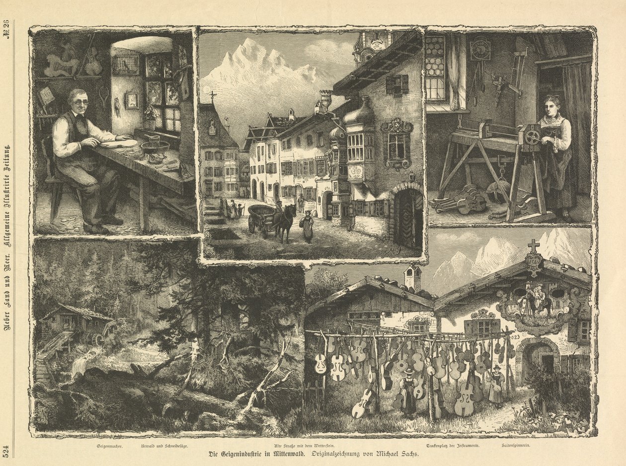 La industria del violín en Mittenwald, Stuttgart 1882 (grabado) de Unbekannter Künstler