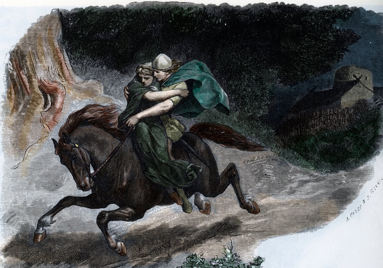 El caudillo de la tribu germánica de los Cherusci Arminius (Armenius) (18 a.C.-21 d.C.) raptando a Thusnelda (Arminius (Hermann) jefe de los Cherusci germánicos y su esposa Thusnelda) Grabado de "Germania" de Johannes Scherr 1880 Colección privada de Unbekannter Künstler