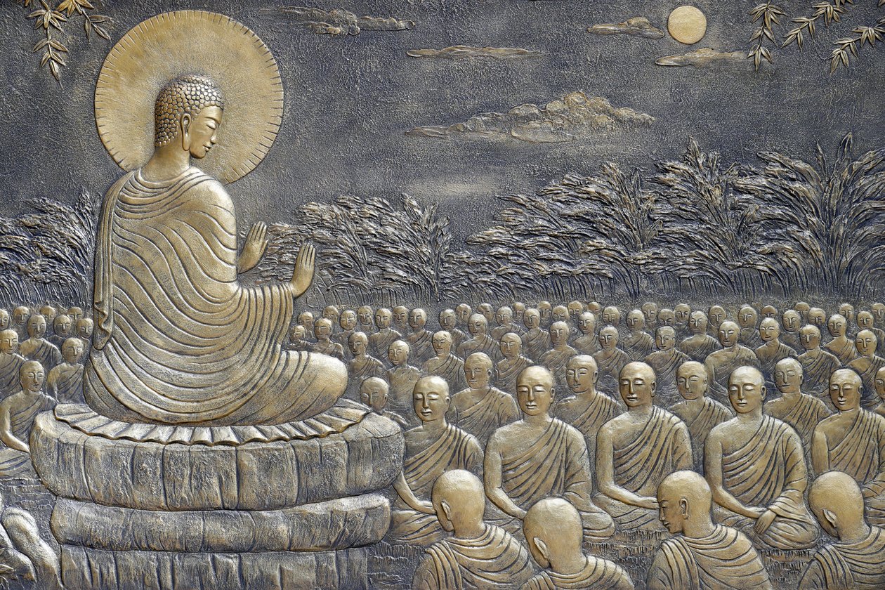 Templo budista Tinh Xa Ngoc Chau, La vida del Buda, Siddhartha Gautama, Buda con discípulos, enseñando, El Buda exhortó a sus primeros sesenta discípulos Arahant a ir en diferentes direcciones para predicar la Doctrina, Chau Doc, Vietnam, 2018 de Unbekannt