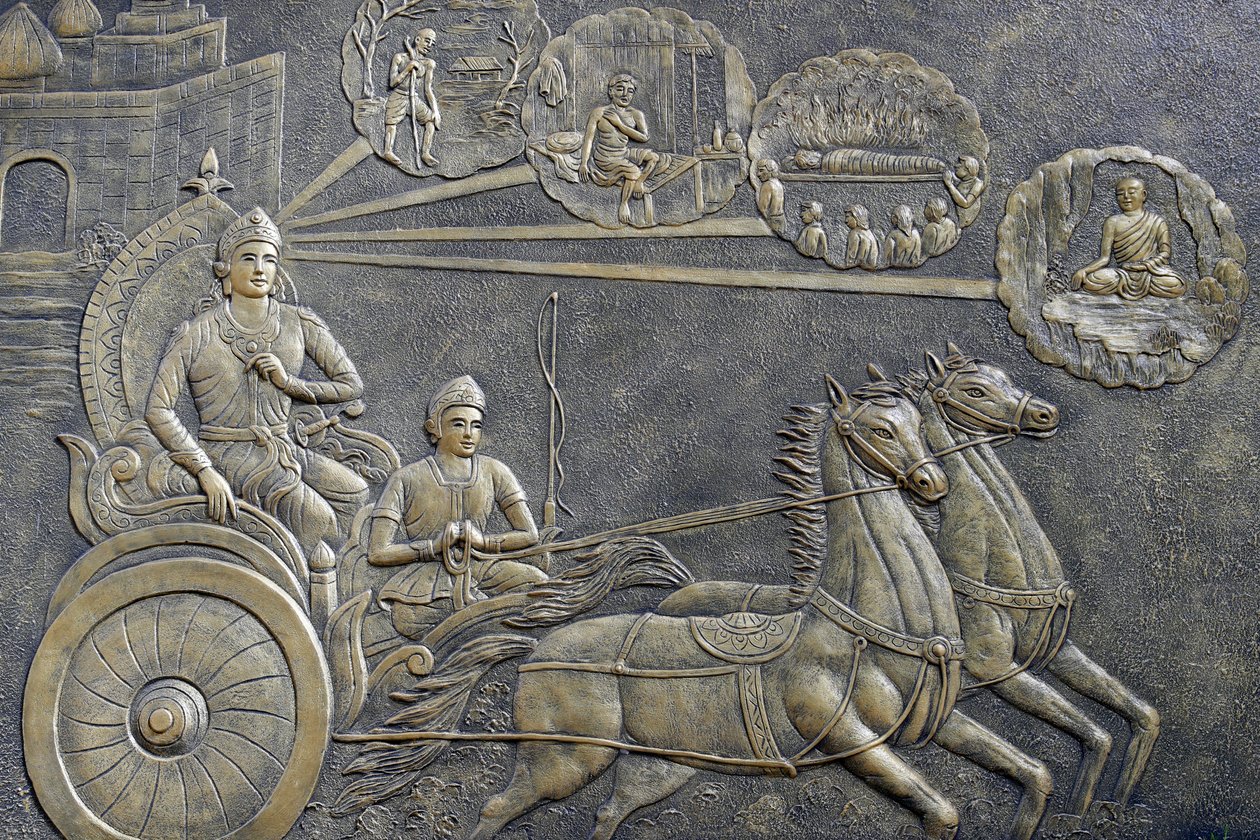 Templo budista Tinh Xa Ngoc Chau, La vida del Buda, Siddhartha Gautama, El príncipe Siddhartha pidió a un auriga que lo llevara en una serie de paseos por el campo, Chau Doc, Vietnam, 2018 de Unbekannt