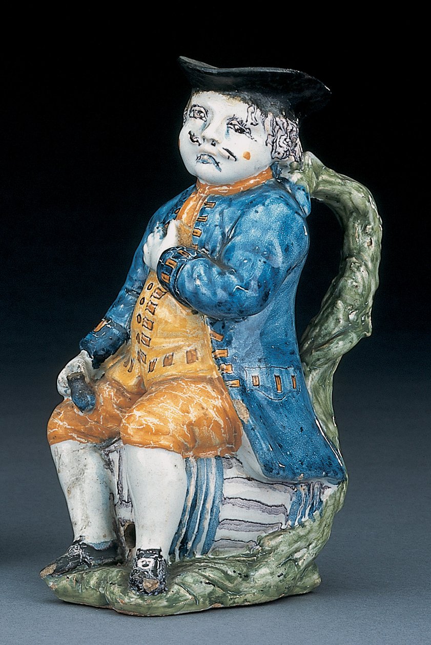 Jarra Toby con cara y manos de manganeso pálido, sosteniendo una jarra globular vacía de color buff en chaqueta y calzones azules lavados, y chaleco verde, c.1800 de Unbekannt
