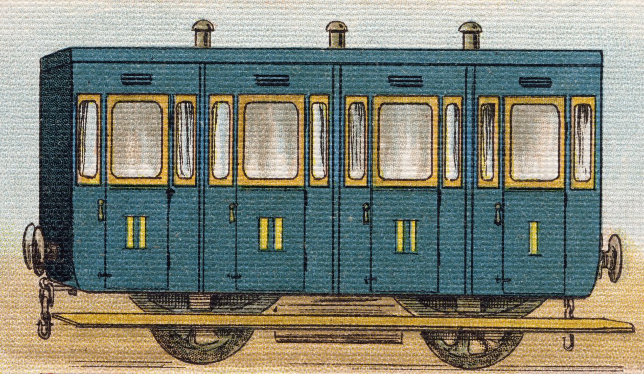 Vagón de tren. Grabado en "Alphabet de ma petite fille". Bernardin-Bechet y Fils, libreros-editores, París, alrededor de 1895. Álbum irrompible en lienzo. Bibliothèque des Bebes. 12 páginas. Álbum que contiene un método de lectura y un abecedario ilustrado de Unbekannt