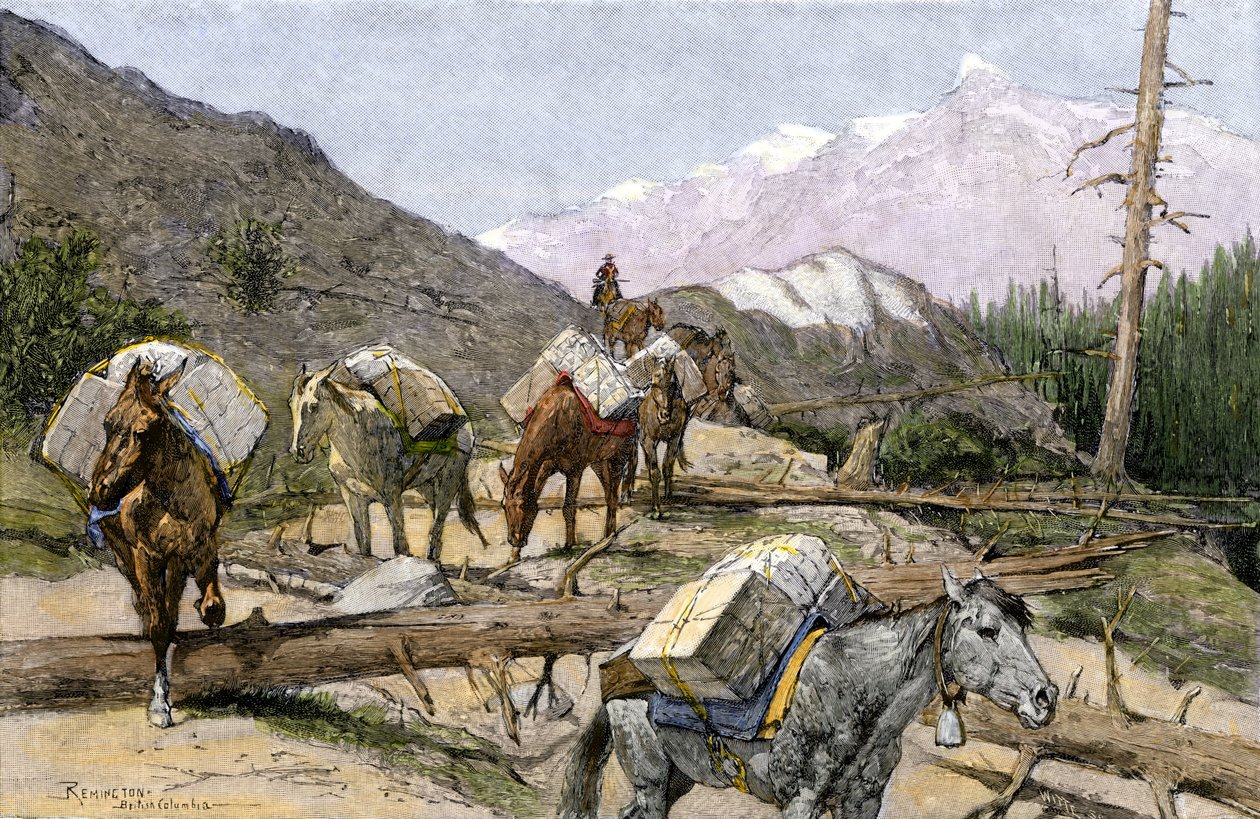 Transporte de provisiones y pieles a caballo en las Montañas Rocosas, EE UU. De una ilustración de Frederic Remington. Tren de carga transportando provisiones o pieles por las Rocosas. de Unbekannter Künstler