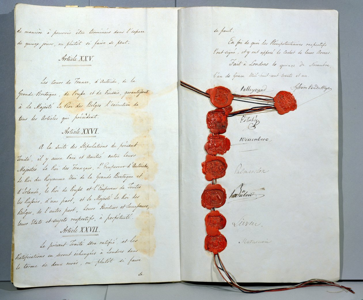 Tratado que establece a Bélgica como Estado Soberano, firmado el 15 de noviembre de 1831 en la Conferencia de Londres (pluma y tinta y cera sobre papel) de Unbekannt