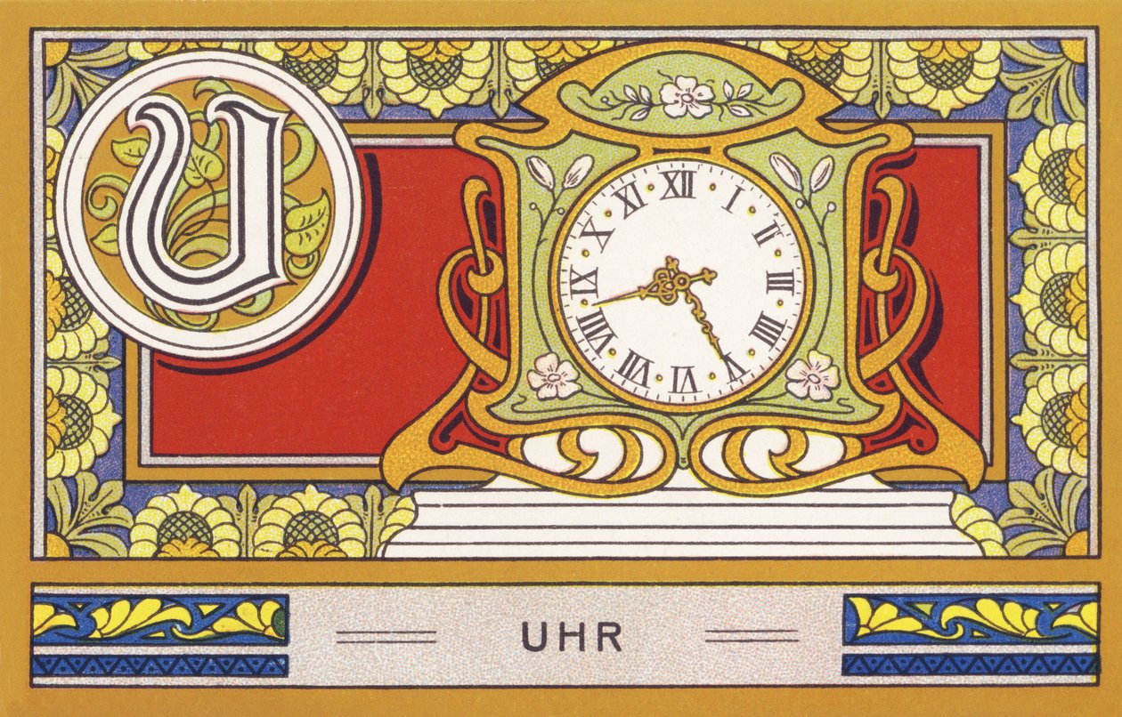 U : Uhr - Alfabeto Palmin. Serie de cromolitografías publicadas por H. Schlinck & Cie, Hamburgo, n. d. . Anuncio de Palmin feinstes Cocosfett. Tamaño : 7 x 11 cm de Unbekannter Künstler