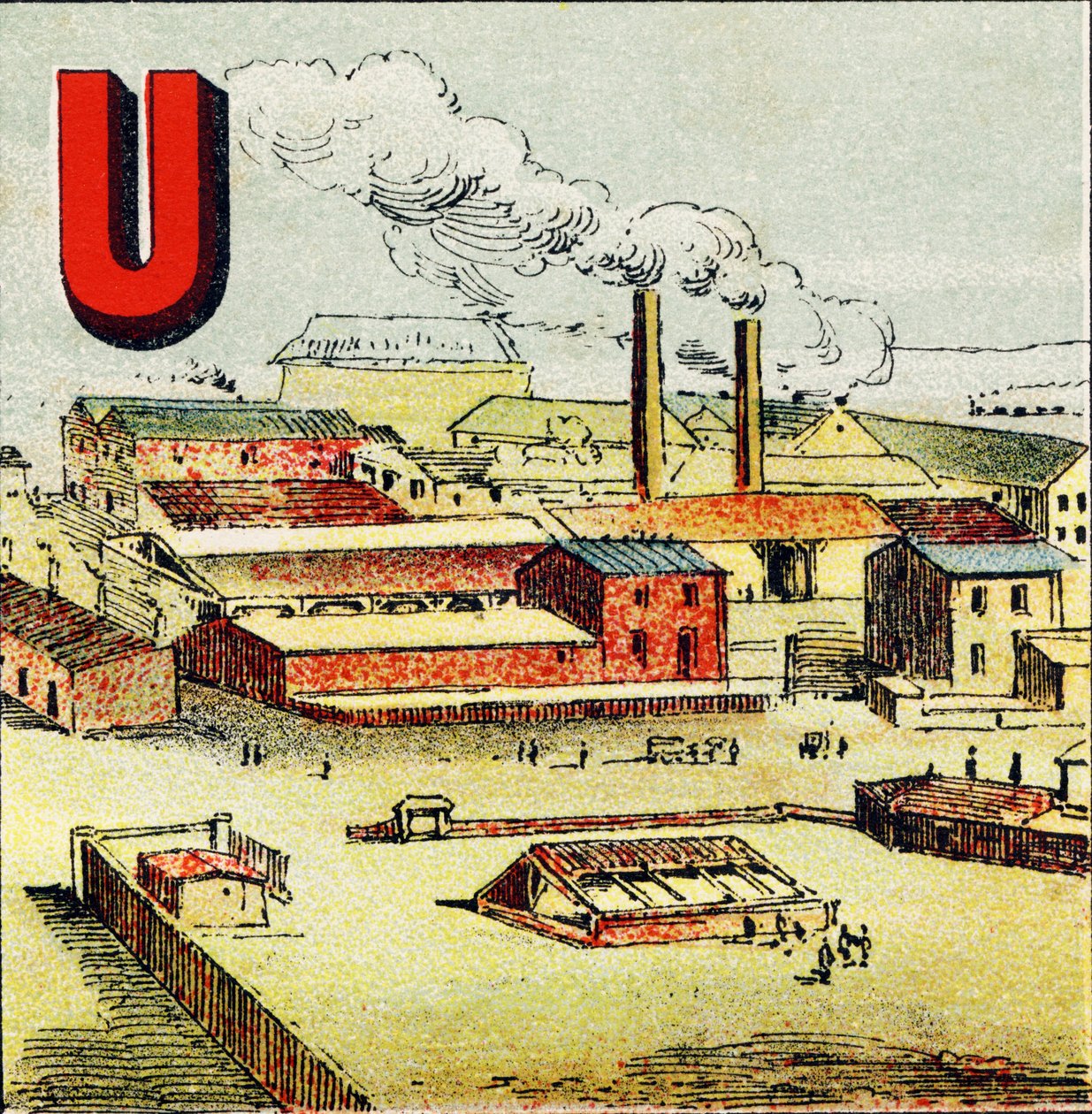 U: Fábrica. Una fábrica es una instalación inmensa donde se encuentra una gran cantidad de máquinas; como en la gigantesca fábrica de Creusot - Gravura extraída de Alphabet geographique. Guerin-Muller et Cie, editores, París de Unbekannt