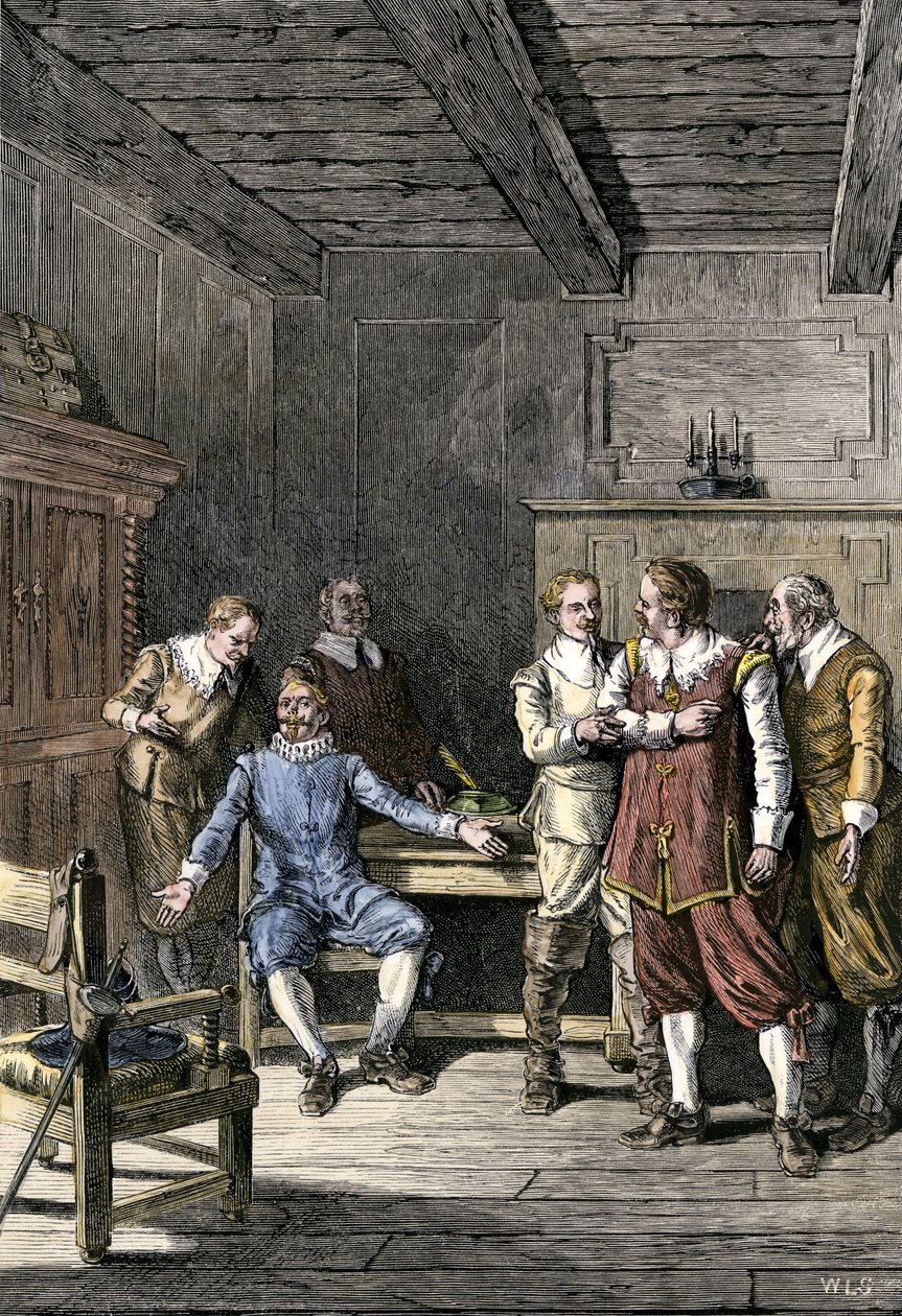 Estados Unidos, Massachusetts: Disputa entre John Winthrop (1588-1649) y Thomas Dudley (1576-1653) en la Colonia de la Bahía de Massachusetts. Grabado en color del siglo XIX. de Unbekannter Künstler