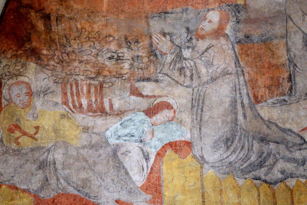 Iglesia de Vault de Lugny. Pintura mural del siglo XVI. Cristo en su pasión. Getsemaní, Jesús ora mientras los discípulos descansan, Francia de Unbekannt