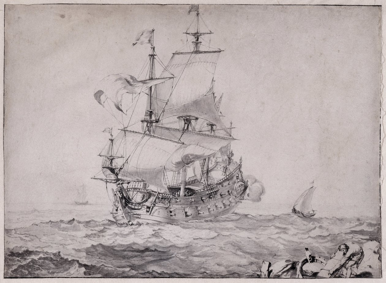 Buques en el mar disparando el cañón - dibujo de Pierre Puget (1620-1694) Siglo XVII Sol 23x32,5 cm Musee Grobet Labadie Marsella de Unbekannter Künstler