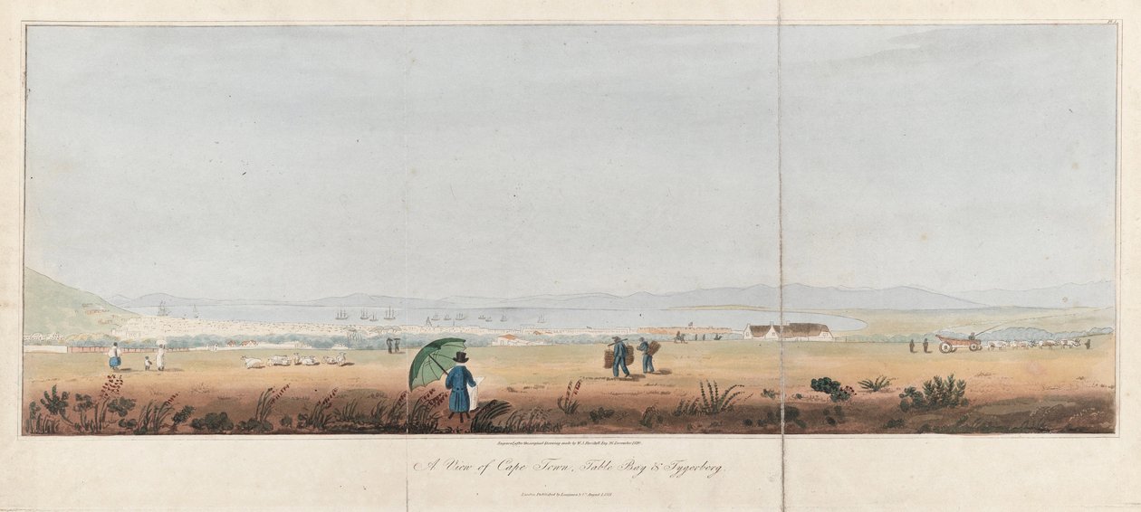 Vista de Ciudad del Cabo, la bahía de la Mesa y las colinas Tygerberg (Sudáfrica). Litografía (26,5x53,5 cm) de J.W. Burchell. de Unbekannter Künstler