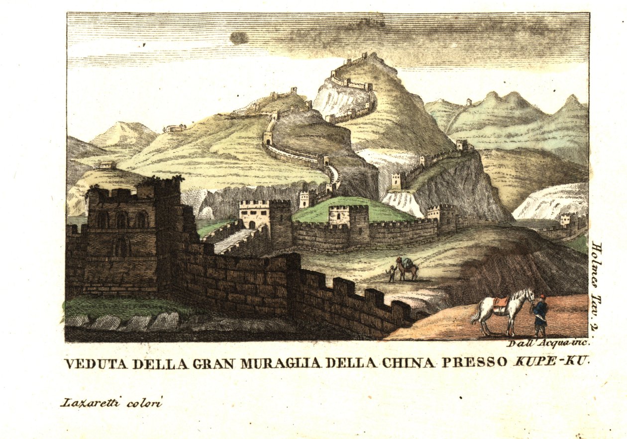 Vista de la Gran Muralla China cerca de Kou-Pee-Keow, en el paso entre China y Tartaria oriental. De Samuel Holmes (siglo XVIII-XIX) Journal of a Voyage to China and Tartary. Grabado al cobre de dell