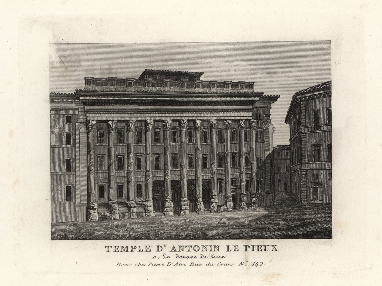 Vista del Templo de Adriano, Templum Divus Hadrianus, con 11 columnas dedicadas por su hijo adoptivo Antonino Pío, Temple d