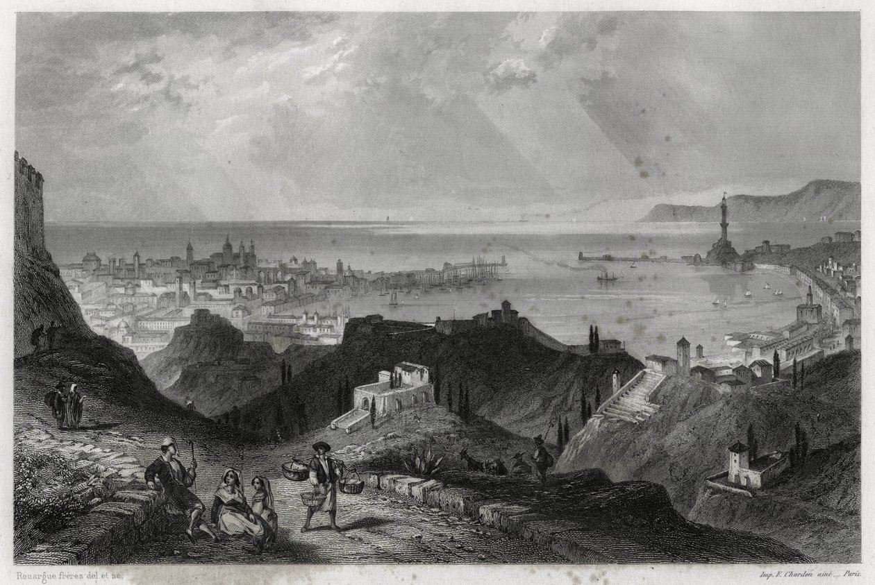 Vista de la ciudad y puerto de Génova, la ciudad brillante, la ciudad de mármol, Génova-la-Superba, en el libro sobre el Mediterráneo de Louis Enault (1824-1900), un periodista y viajero francés de Unbekannt