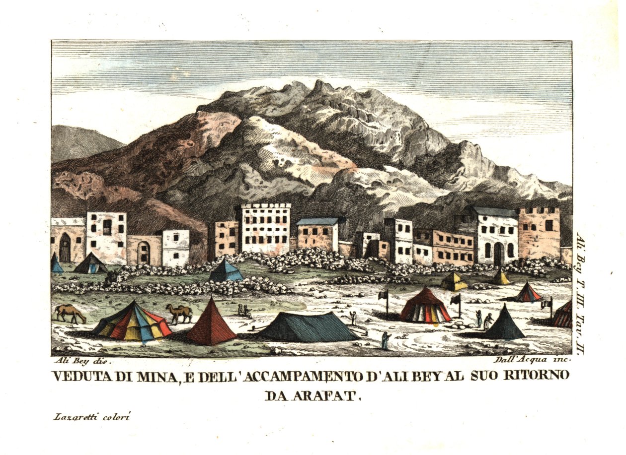Vista del pueblo de Mina, en el desierto de Arafat (Ciudad de las tiendas, La Meca, Arabia Saudí). Ilustración de Ali Bey el Abbassi de sus Viajes por Marruecos, Trípoli, Chipre, Egipto, Arabia, Siria y Turquía, Londres 1816. Grabado al cobre de dell