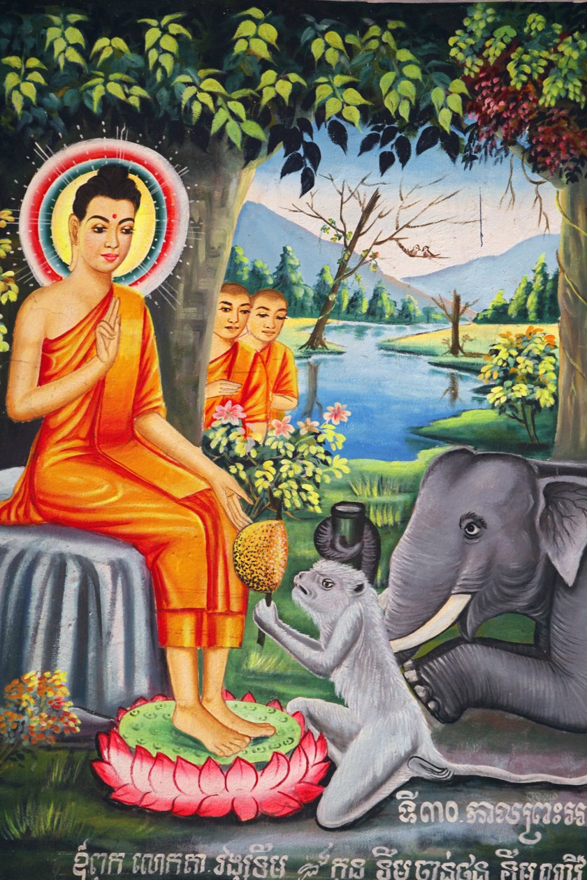 Pintura mural en Wat Pitchey Udong: Escena de la vida del Buda. Buda alimentado por un mono mientras ayunaba, Kampot, Camboya de Unbekannt