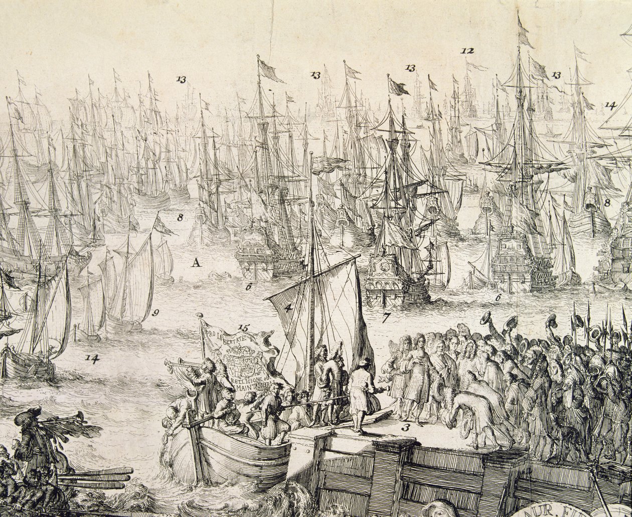 Guillermo de Orange zarpando hacia Inglaterra en noviembre de 1688 (grabado) de Unbekannter Künstler