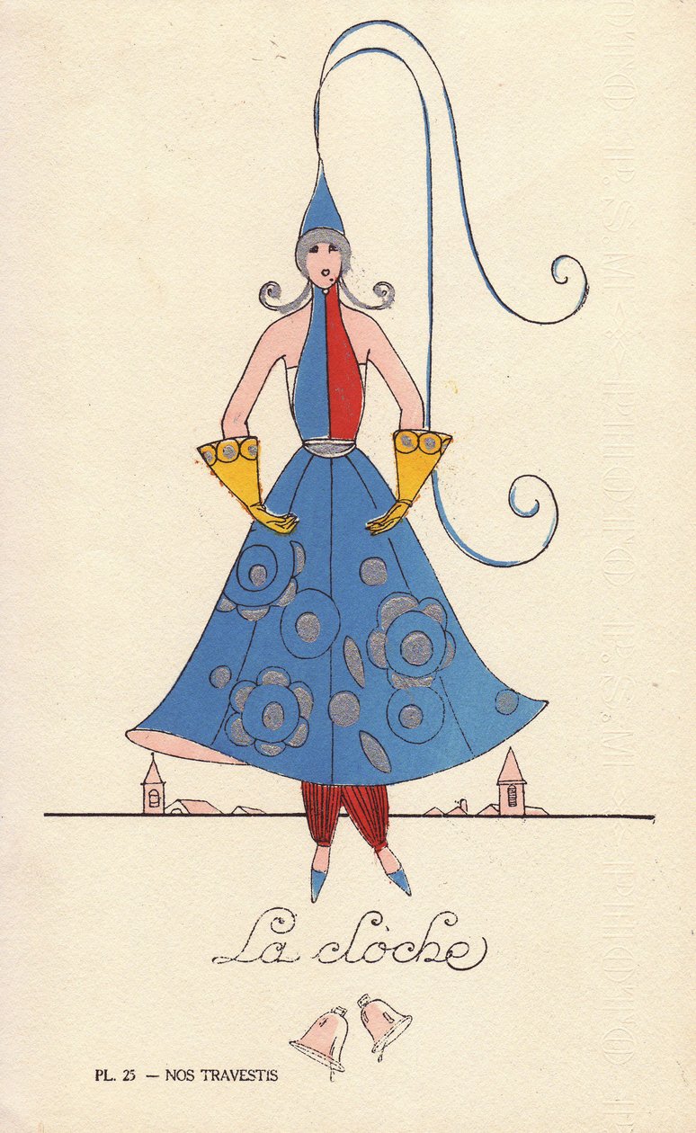Mujer con disfraz de campana, la bell, con sombrero en forma de campana, vestido y guantes, y campanarios al fondo. Litografía de autor desconocido coloreada a mano con plantilla de "Nos Travestis" (Nuestros disfraces), París. de Unbekannter Künstler