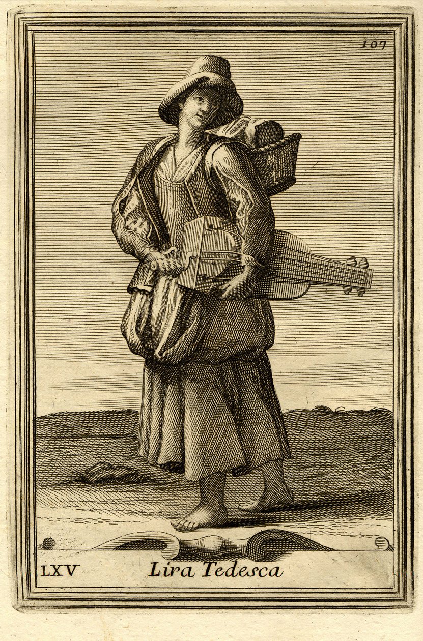 Mujer tocando la rueda antigua (o "Lira tedesca" o "ghironda"). En el "Gabinetto Armonico" de Filippo Bonanni, Roma. de Unbekannter Künstler