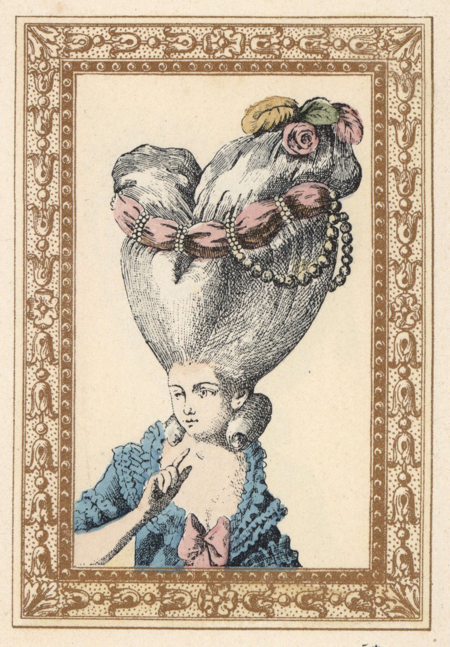 Frau mit hochgestecktem Haar über einem Pouf (Stütze) und dekoriert mit Blumen, Perlen und einem Band, genannt der Floh. Der Pouf hat die Chia von Unbekannter Künstler